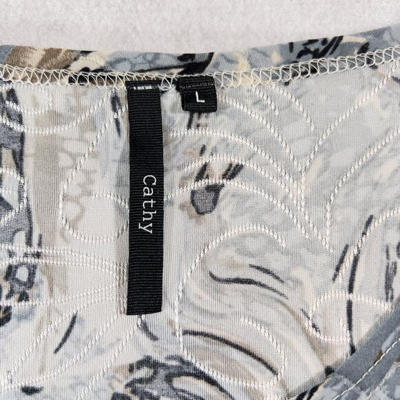 Cathy Blouse Woman LJewel Neck 3/4 Sleeve Blue Brown Black Textured Fabric - Picture 2 of 11